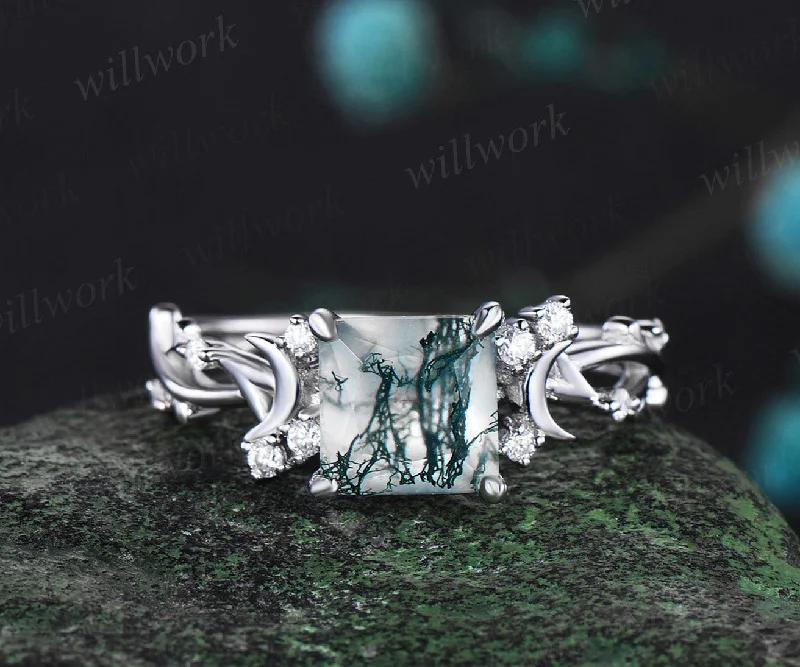 Princess cut moss agate ring vintage white gold diamond unique vine branch moon engagement ring infinity wedding anniversary ring women gift