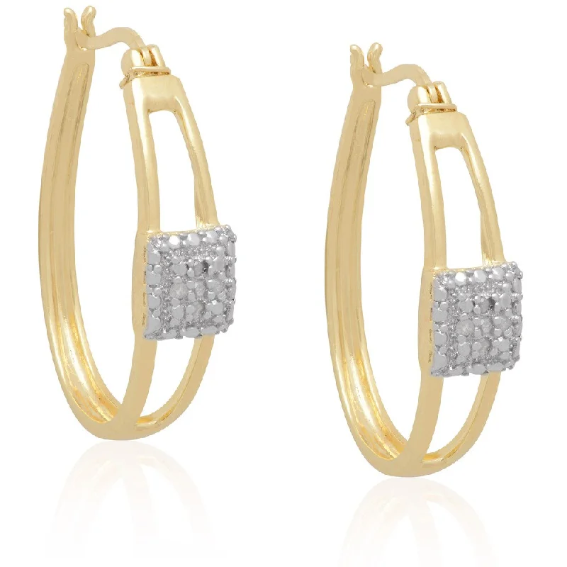 Finesque Two Tone Sterling Silver Diamond Square Design Hoop Earrings