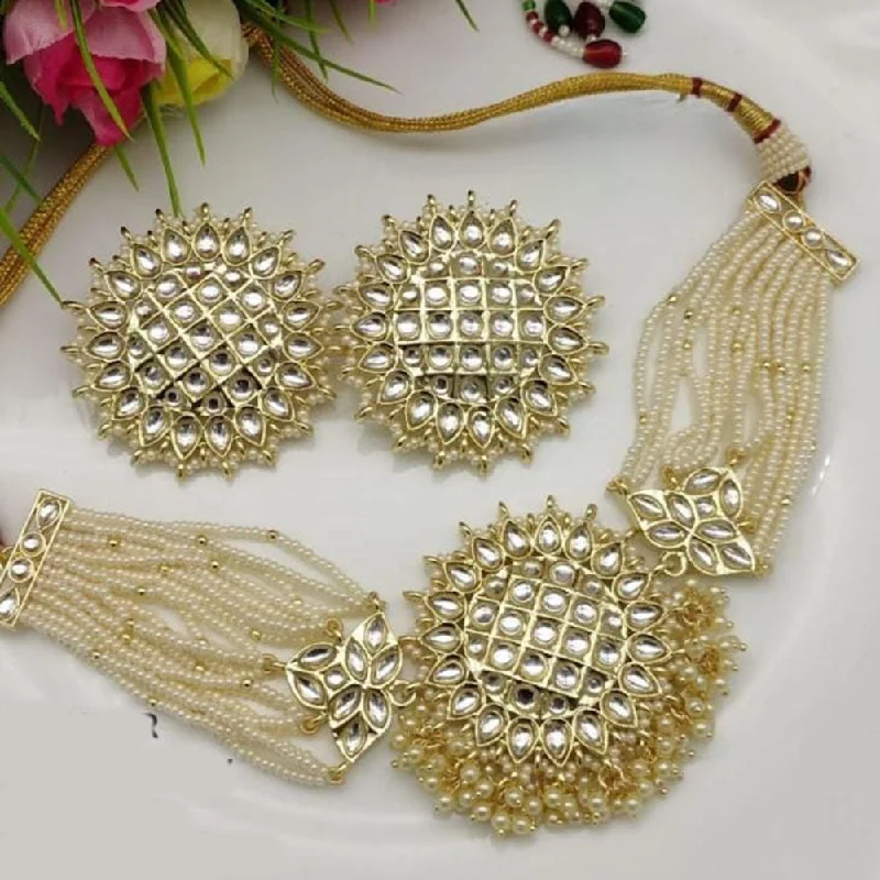 JCM Gold Plated Kundan Stone And Pearls Choker Necklace Set