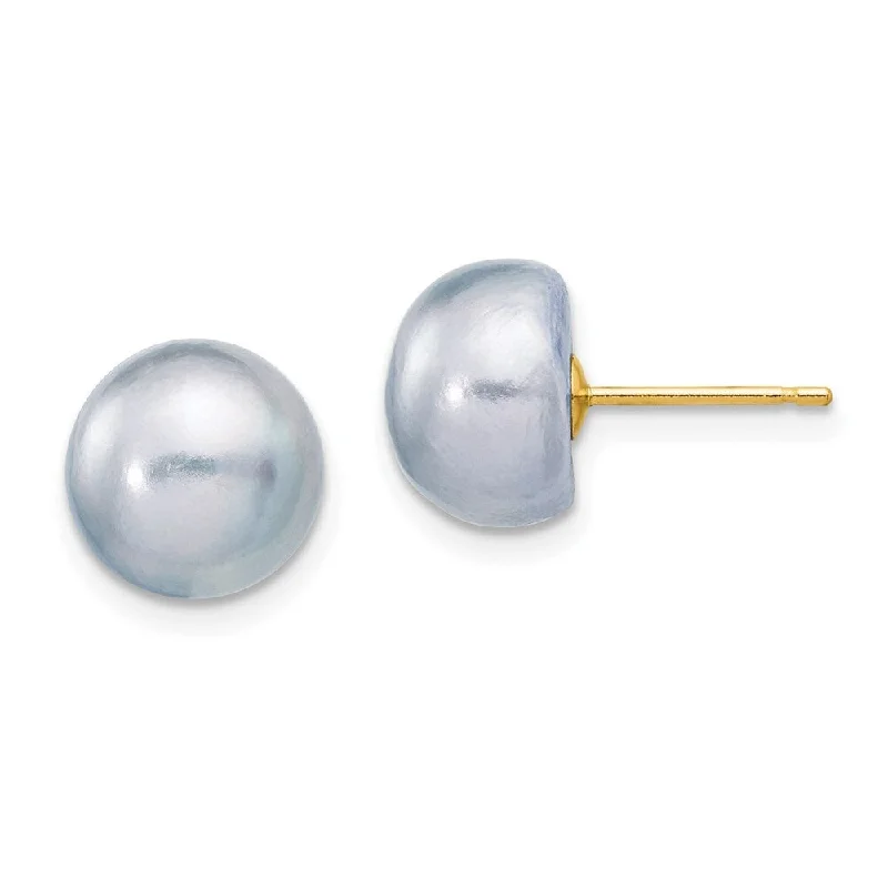 14k Yellow Gold Grey Button Cultured Pearl Stud Earrings (L-9 mm, W-10 mm)