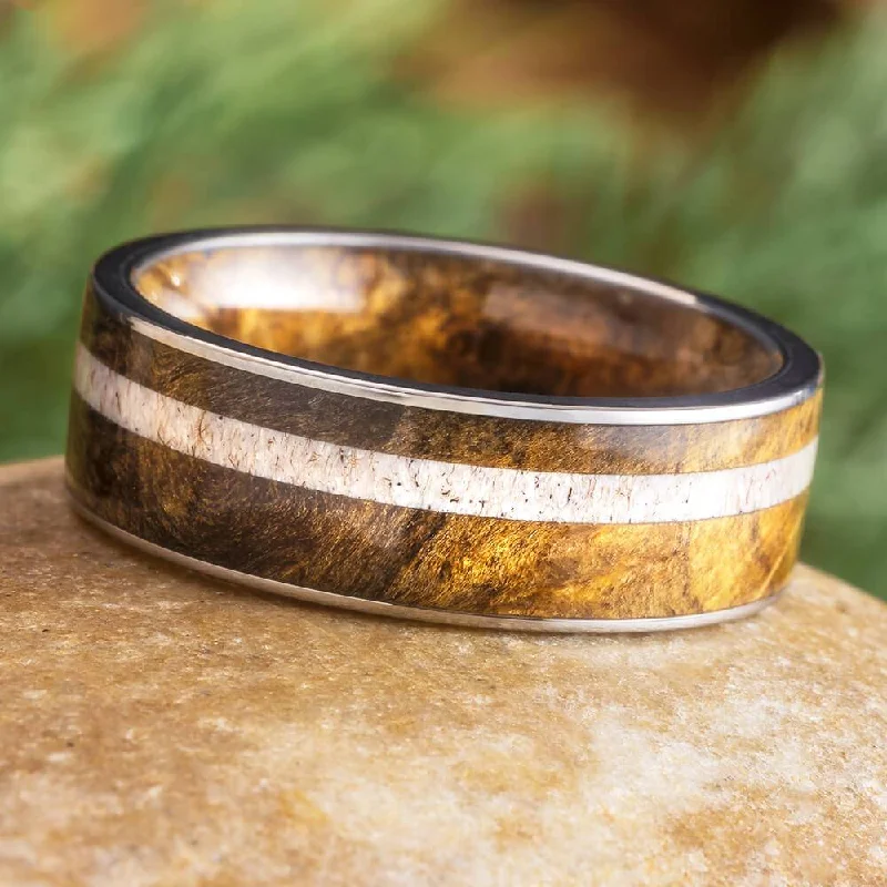 Buckeye Burl Wood & Antler Wedding Band with Wood Sleeve