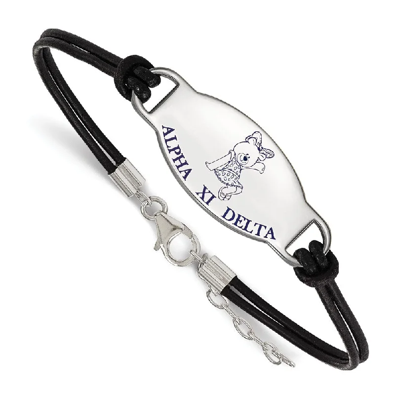 Sterling Silver Alpha Xi Delta Enamel Black Leather Bracelet - 7 in.