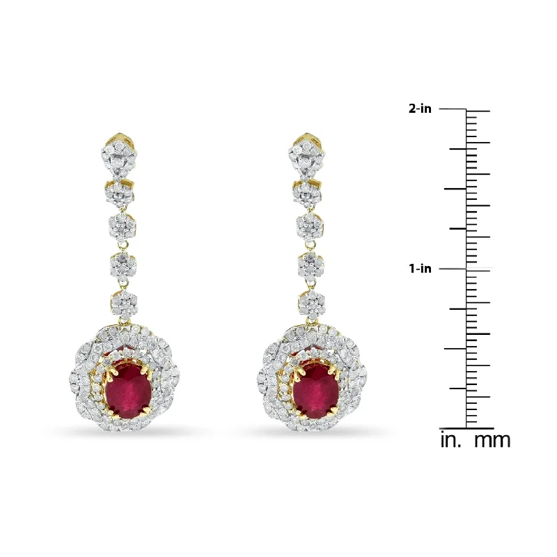 Auriya Fancy Oval-Shaped 6ct Red Ruby and 2 7/8ct TDW Diamond Dangle Earrings in 14Kt Yellow Gold