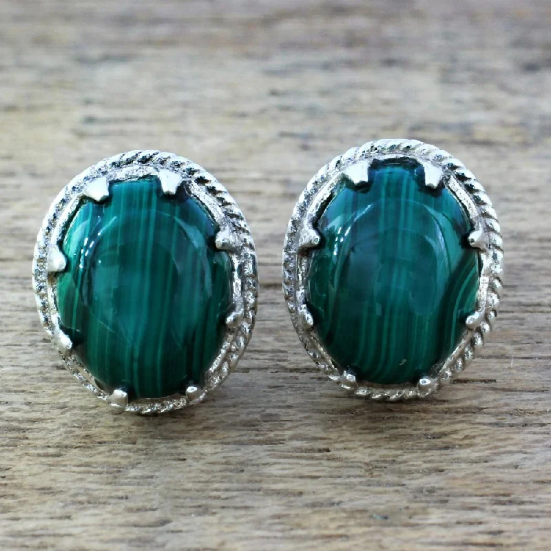 Handmade Sterling Silver 'Morning Forest' Malachite Earrings (India)