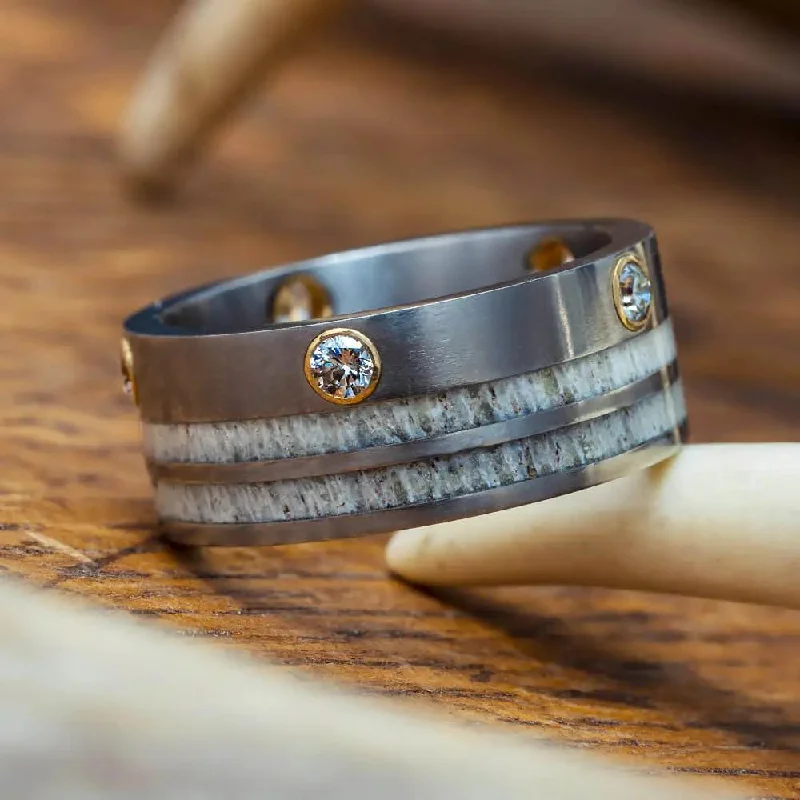 Diamond Ring Accented By Deer Antler In Titanium