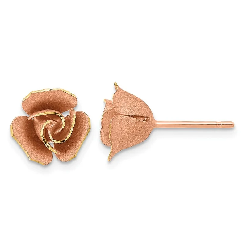 14k Rose Gold Satin Finish Rose Flower Stud Earrings (L-9.2 mm, W-9.2 mm)