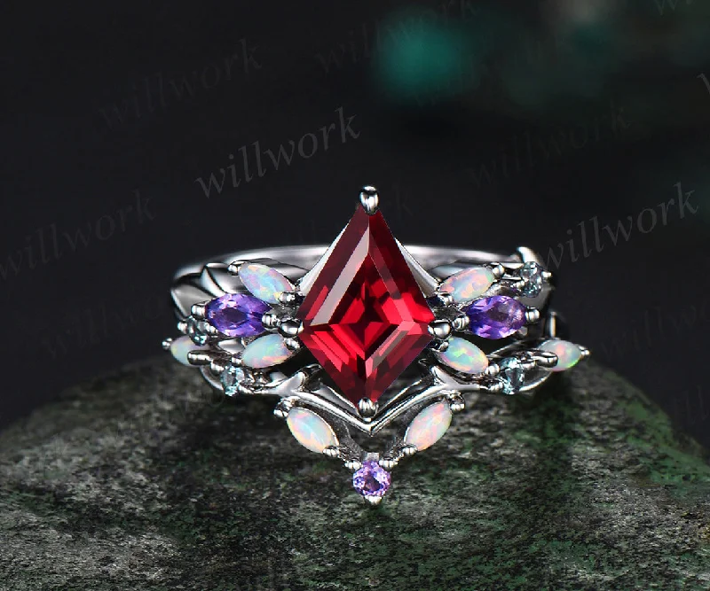 Vintage Kite Red Ruby Engagement Ring Set White Gold Vines alexandrite Amethyst Opal Ring Women Bridal Set Unique Twig Anniversary Promise Ring Gift