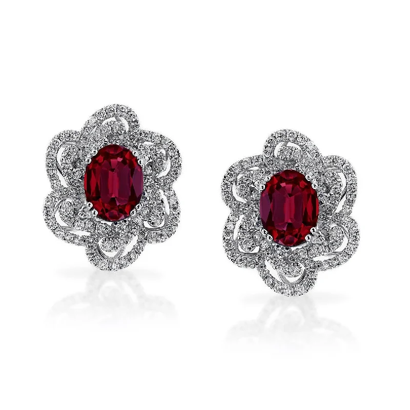 Auriya 2 3/4ct Fancy Oval-cut Red Ruby Halo Diamond Stud Earrings 9/10ctw 18k Gold