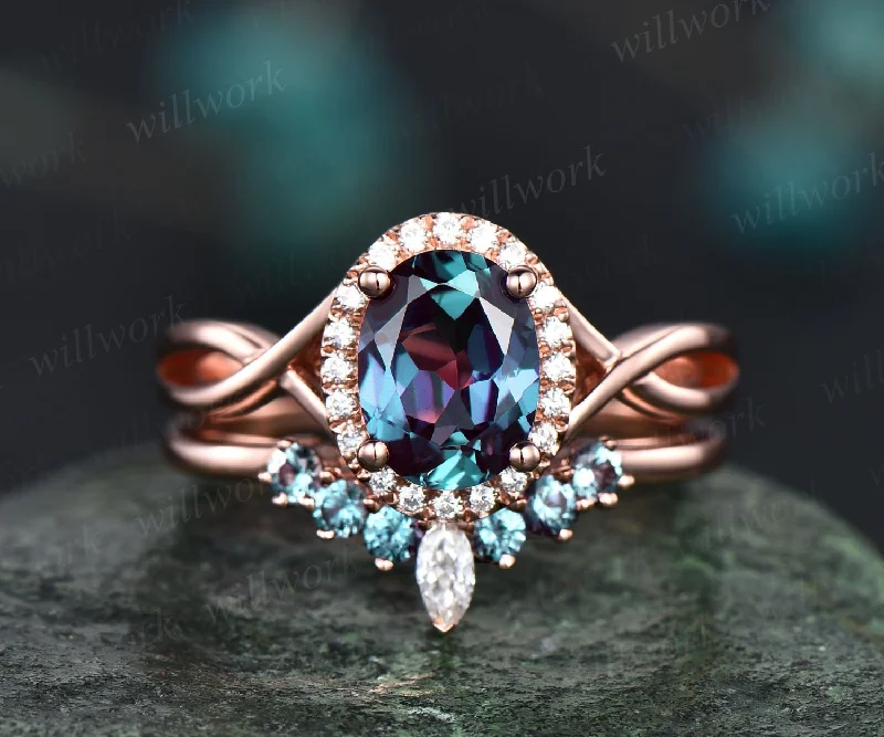 Oval cut Alexandrite engagement ring set halo moissanite ring set vintage rose gold wedding ring set art deco bridal ring set custom jewelry