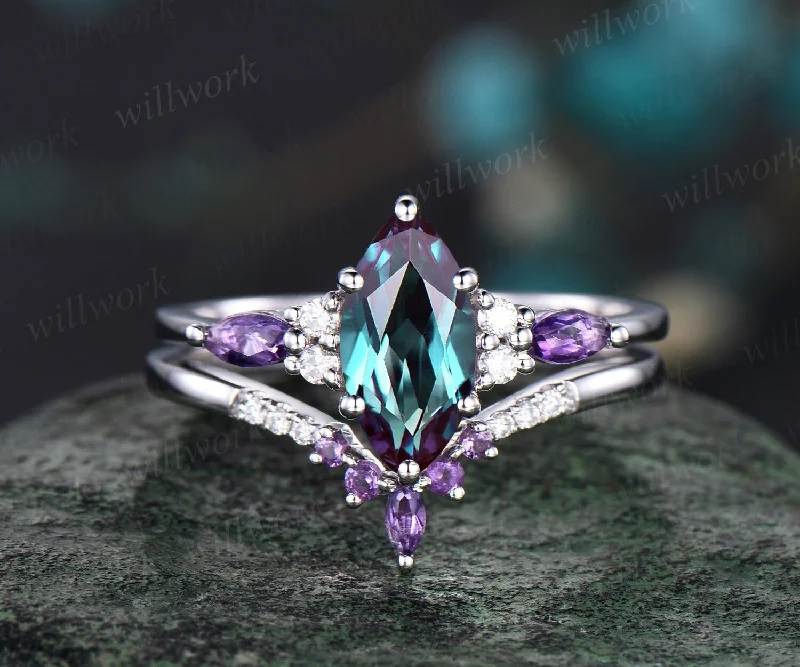 Vintage marquise cut alexandrite engagement ring art deco white gold amethyst moissanite 6 prong gemstone bridal wedding ring set women