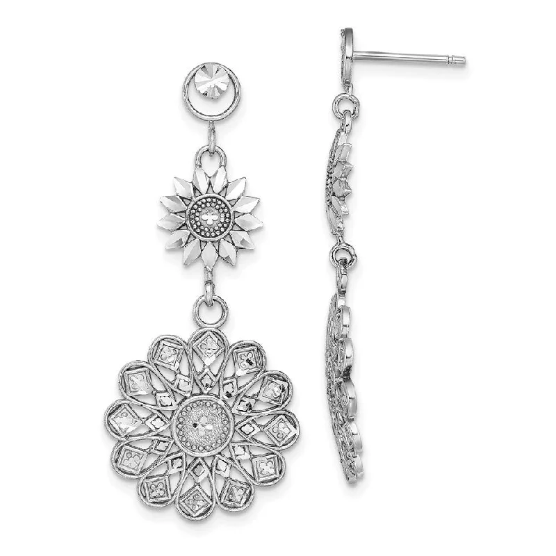 14K White Gold Diamond Cut Sunflower Style Double Drop Earrings (L-40 mm, W-17.5 mm)