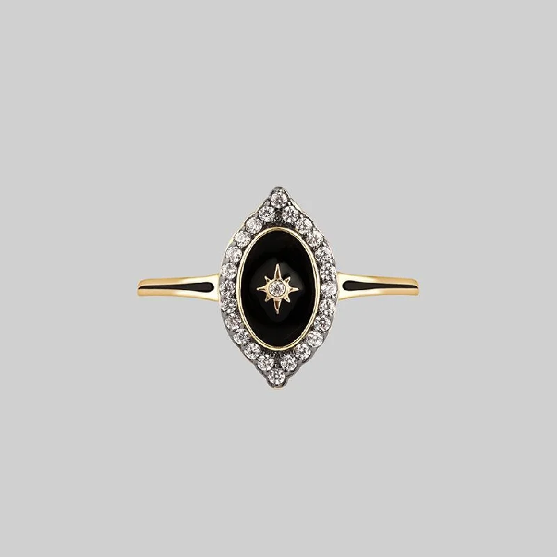 REVERENCE. Oval Black Enamel Crystal Gold Ring