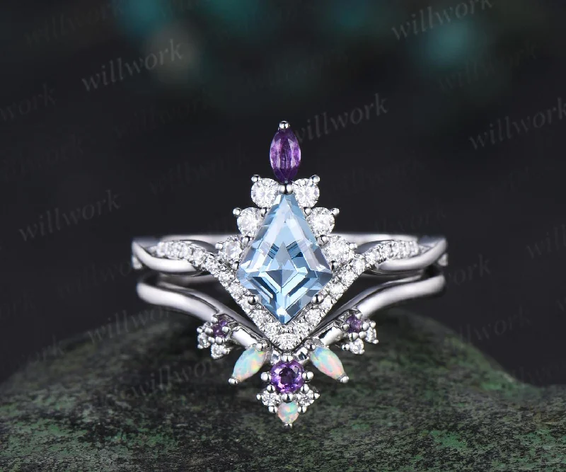 Kite cut aquamarine engagement ring set twisted halo diamond ring vintage 14k white gold amethyst promise wedding ring set women gift