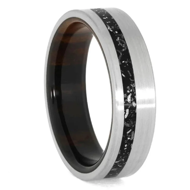 Brushed Titanium Ring With Offset Black Stardust™ Inlay And Ironwood Sleeve