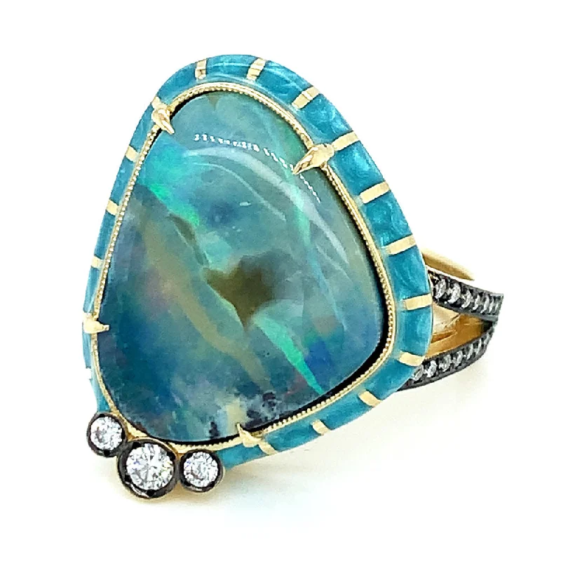 Australian Opal, Diamond & Enamel Fashion Ring - "Rock Candy Aruba"