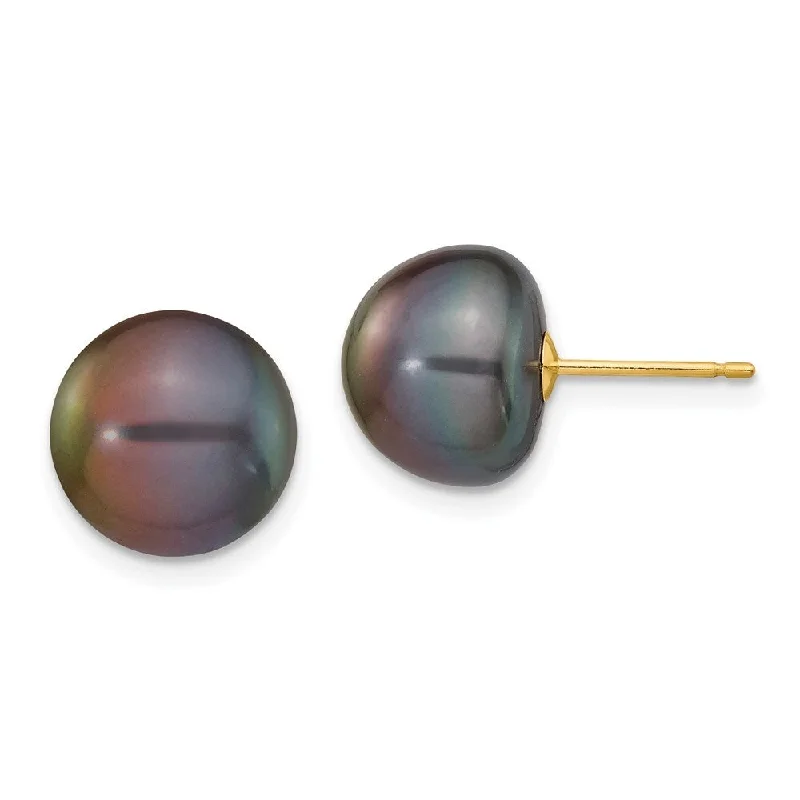 14k Yellow Gold Black Button Cultured Pearl Stud Earrings (L-10 mm, W-11 mm)