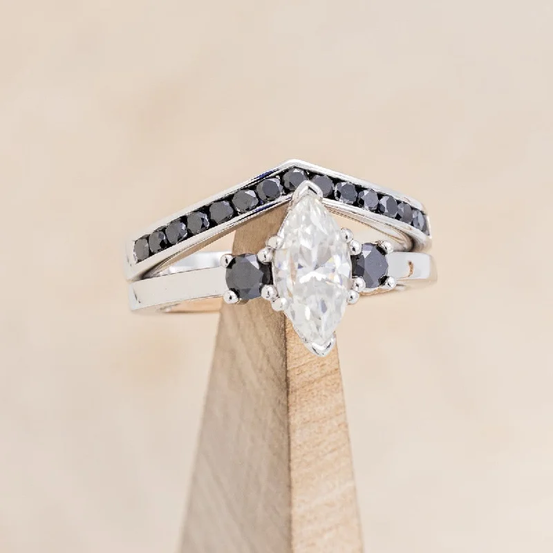 MARQUISE CUT MOISSANITE ENGAGEMENT RING WITH BLACK DIAMOND ACCENTS & "CARA" TRACER