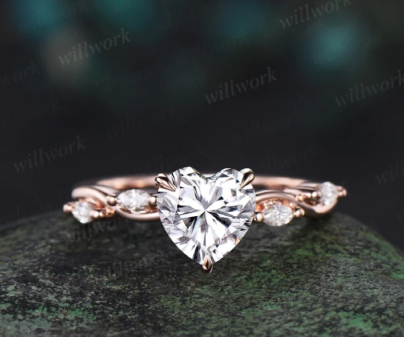 Heart cut moissanite engagement ring antique twisted diamond ring women solid 14k rose gold unique promise bridal ring jewelry