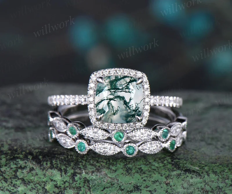 Vintage cushion cut moss agate engagement ring solid 14k white gold half eternity halo diamond natural emerald bridal wedding ring set women