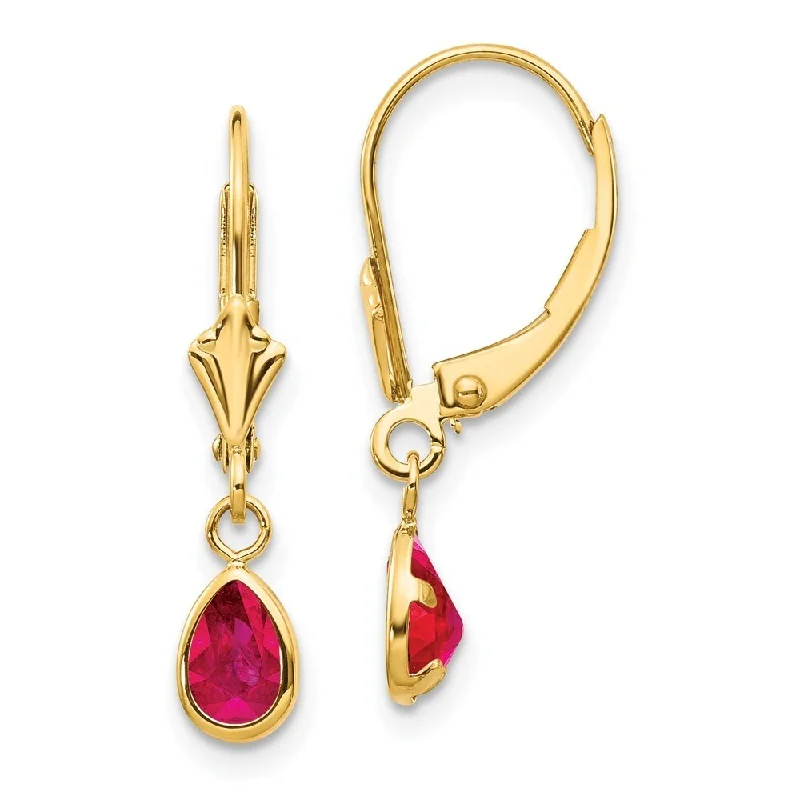 14k Yellow Gold 6x4mm Ruby July Lever back Earrings (L-23 mm, W-4 mm)