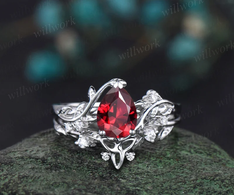 Vintage Pear shaped red ruby engagement ring white gold leaf branch diamond bridal ring set Celtic knot wedding ring band women jewelry