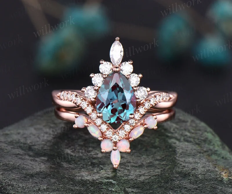 Pear Alexandrite engagement ring set halo art deco infinity rose gold ring set opal ring vintage moissanite wedding ring set birthday gift