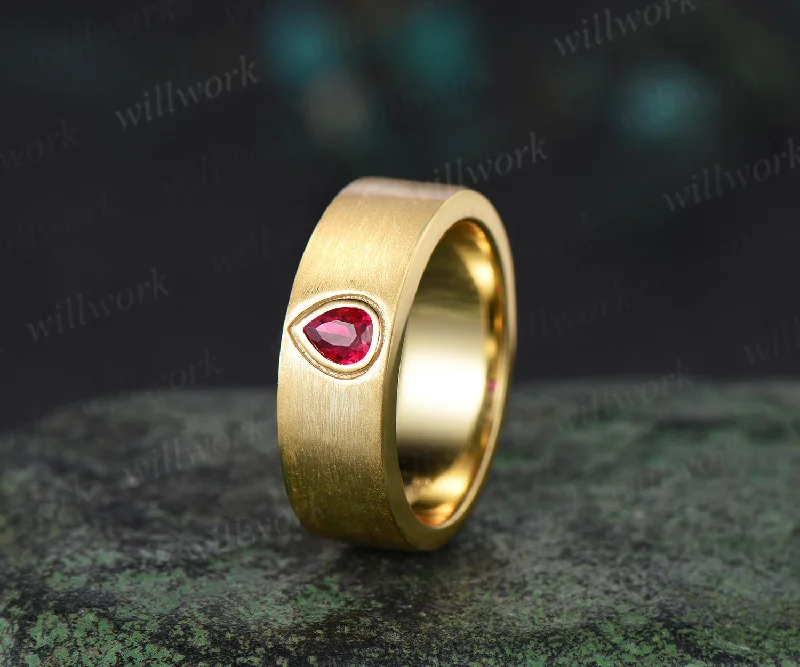 Pear Cut Red Ruby Engagement ring Brushed Rose Gold 10k/14k/18k Yellow Gold men's ring gift for him Solitaire anniversary gift