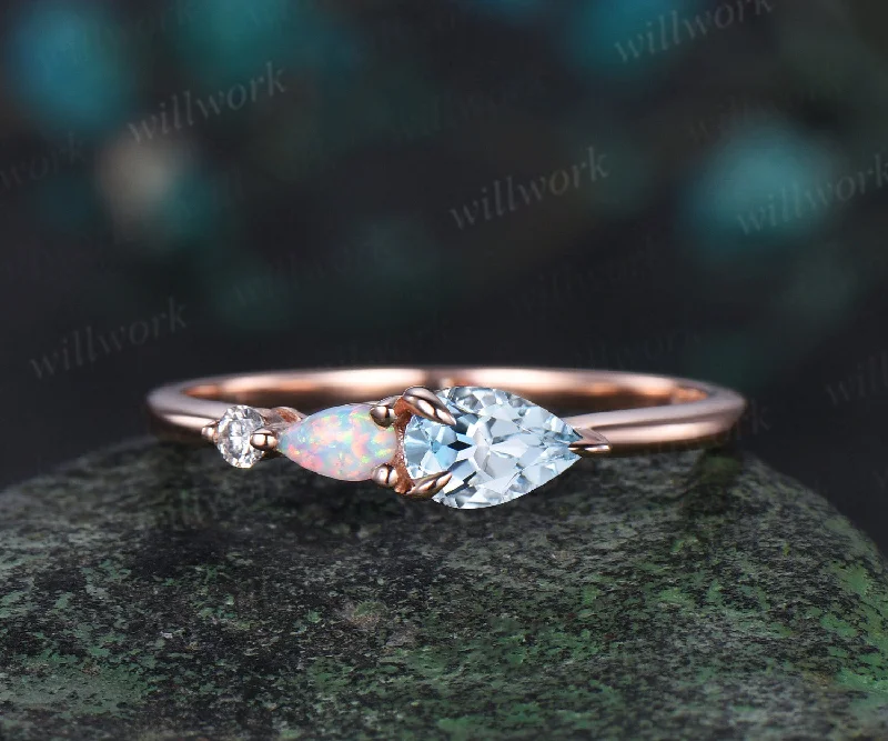 Dainty pear aquamarine ring rose gold three stone opal engagement ring Minimalist Multi-Stone Ring anniversary ring women