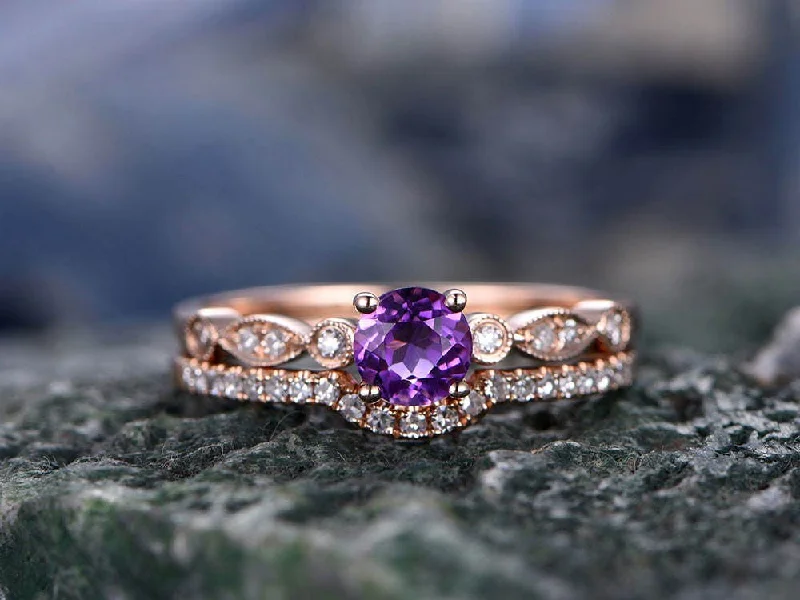 Amethyst Wedding Ring Set-Solid 14k rose gold-handmade diamond Engagement ring-Curved stacking band-5mm Round cut gemstone Bridal ring Set