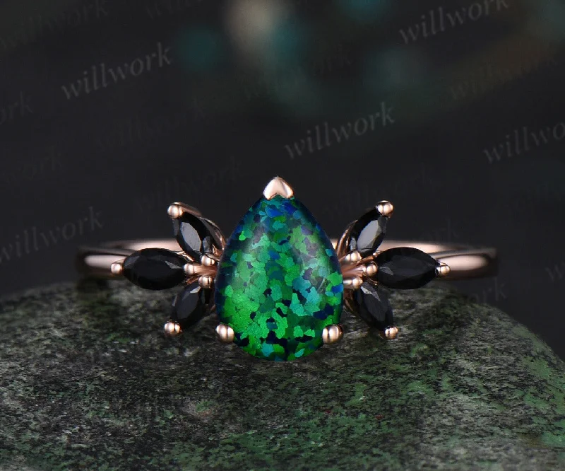 Pear shaped black opal engagement ring rose gold cluster marquise black spinel ring women