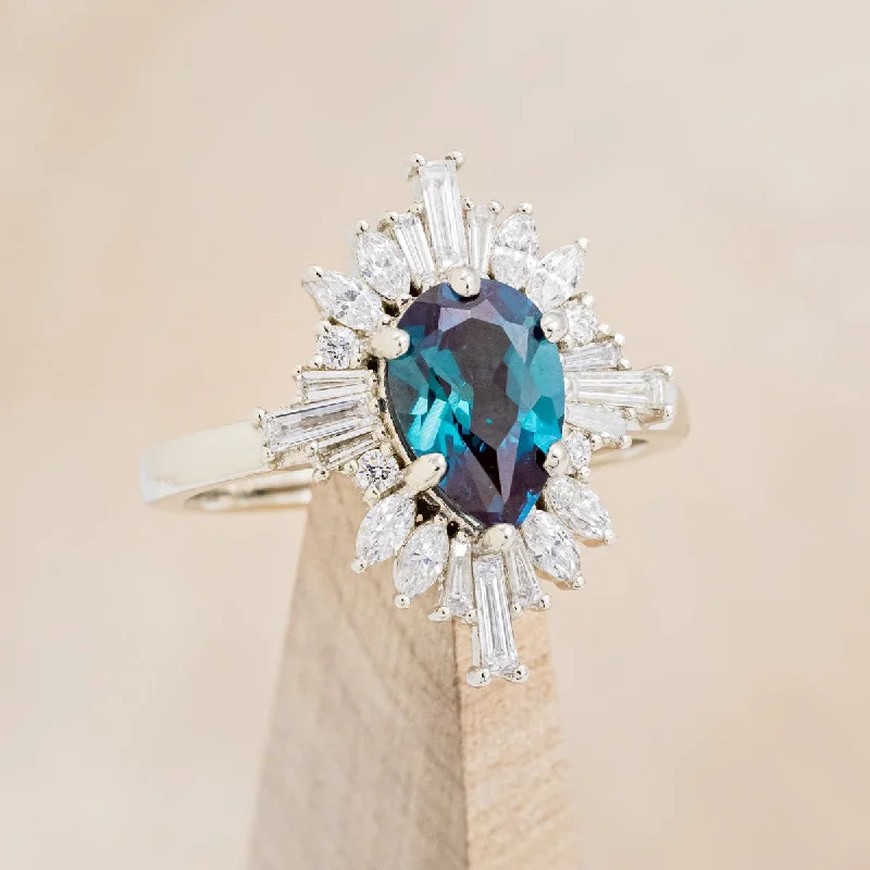 "AUTUMN" - PEAR CUT LAB-GROWN ALEXANDRITE ENGAGEMENT RING WITH DIAMOND HALO