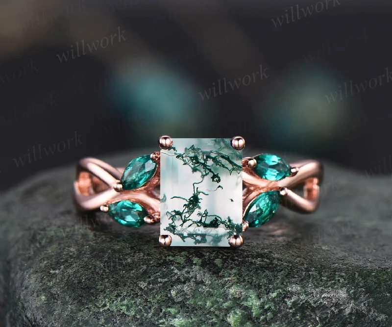 Emerald cut moss agate engagement ring five stone unique vintage marquise emerald rose gold engagement ring twisted wedding ring for women