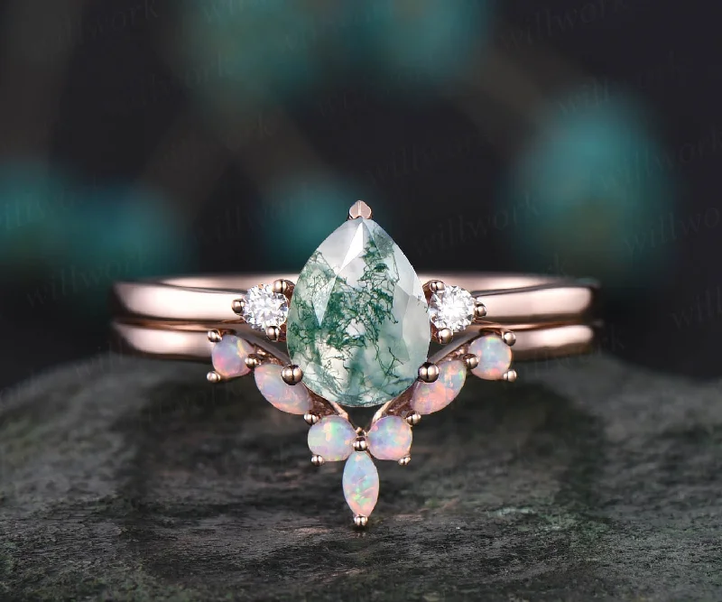 Pear shaped moss agate engagement ring set vintage art deco opal ring set marquise ring set moissanite ring set rose gold ring set jewelry