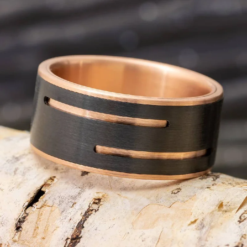 Grooved Black Zirconium Wedding Band with Gold Accents