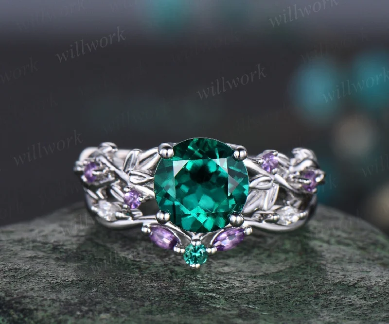 2ct Twig round green emerald engagement ring set 14k white gold five stone leaf branch Nature inspired amethyst wedding ring set for women