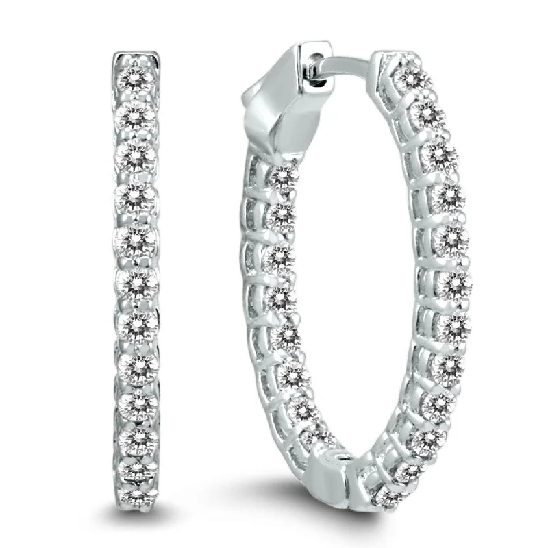 Marquee 1 Carat TW Oval Diamond Hoop Earrings with Push Button Locks in 14K White Gold