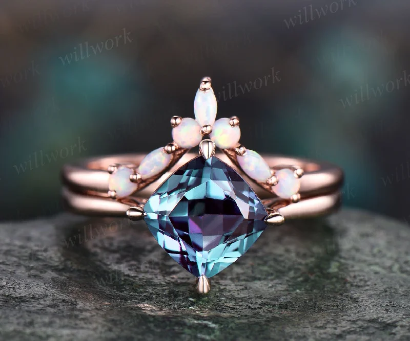 Vintage Alexandrite ring set women cushion cut Alexandrite engagement ring set art deco opal ring band June birthstone ring bridal ring set