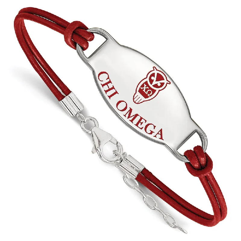 Sterling Silver Chi Omega Enamel Red Leather Bracelet - 7 in.