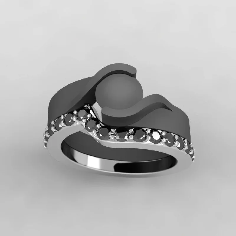 Curved Women's Wedding Band With Black Diamonds