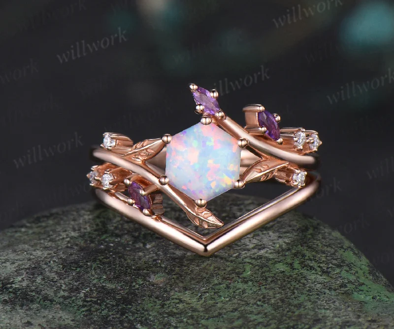 Hexagon white opal engagement ring rose gold twisted leaf amethyst moissanite bridal anniversary ring set women