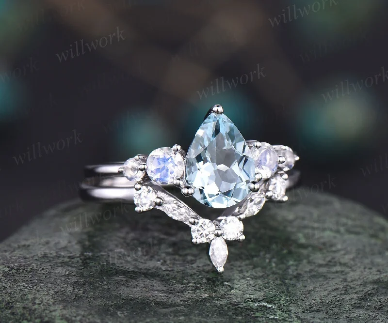 Pear shaped aquamarine ring gold silver vintage unique aquamarine engagement ring set five stone moonstone ring women March birthstone ring