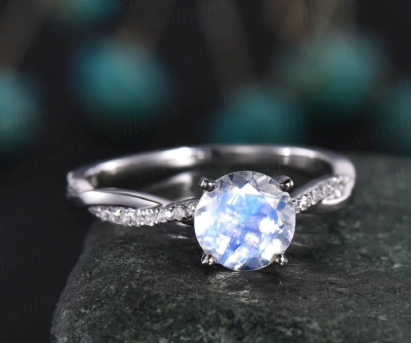 Vintage unique engagement ring round rainbow moonstone engagement ring 14k white gold twisted real diamond ring birthday anniversary gift