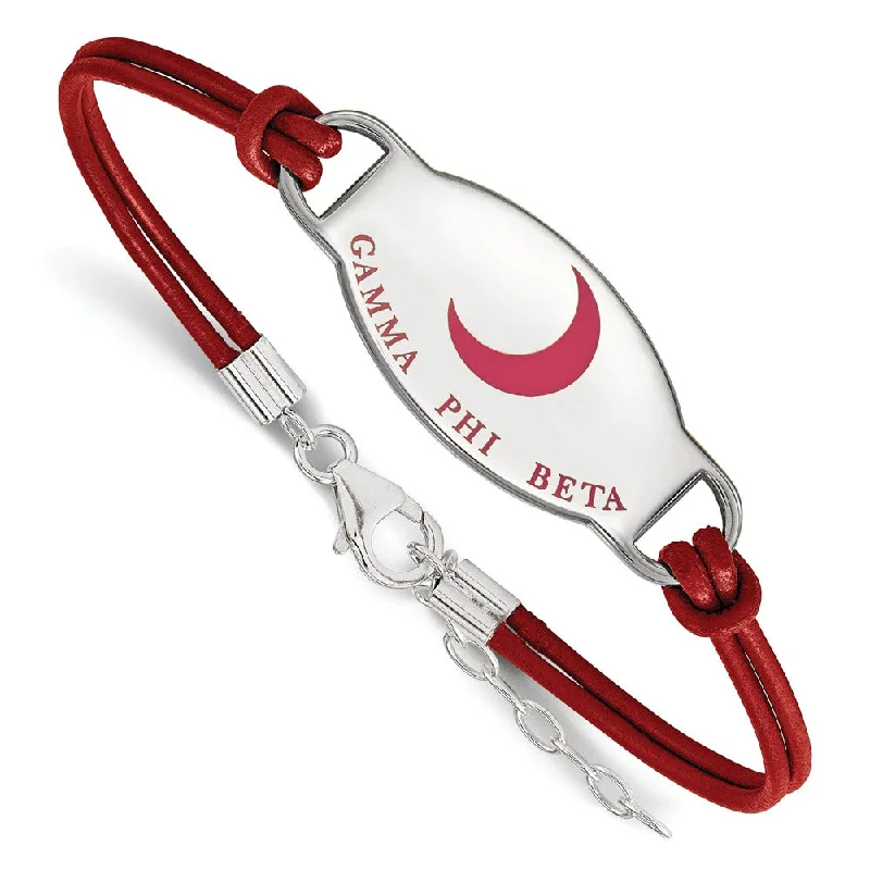 Sterling Silver Gamma Phi Beta Enamel Red Leather Bracelet - 7 in.