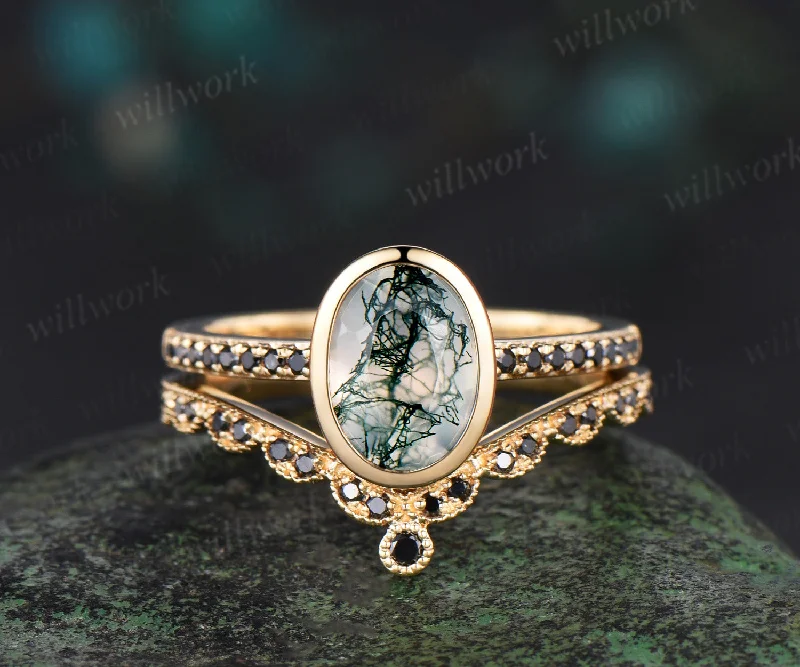 Bezel oval cut moss agate Engagement Ring set 14k yellow gold Milgrain Half Eternity black diamond anniversary ring women gift