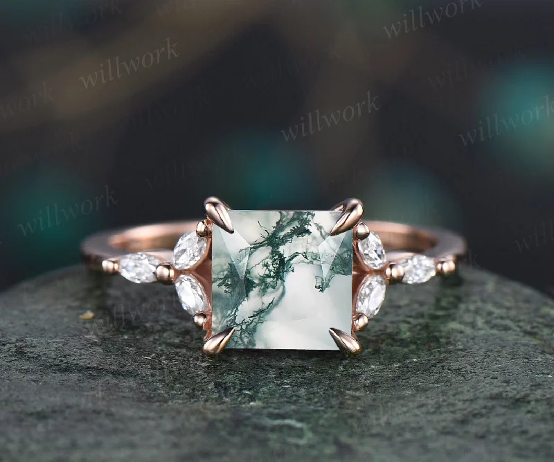 2ct Princess cut moss agate ring rose gold vintage green moss agate engagement ring cluster art deco diamond ring promise wedding ring women