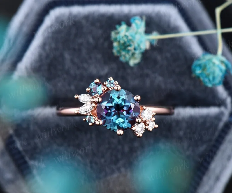 Round cut Alexandrite ring vintage cluster Alexandrite engagement ring rose gold six prong art deco diamond ring unique wedding ring women