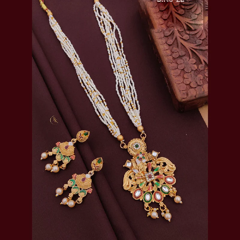 Akruti Collection Gold Plated Pota Stone And Pearls Long Necklace Set