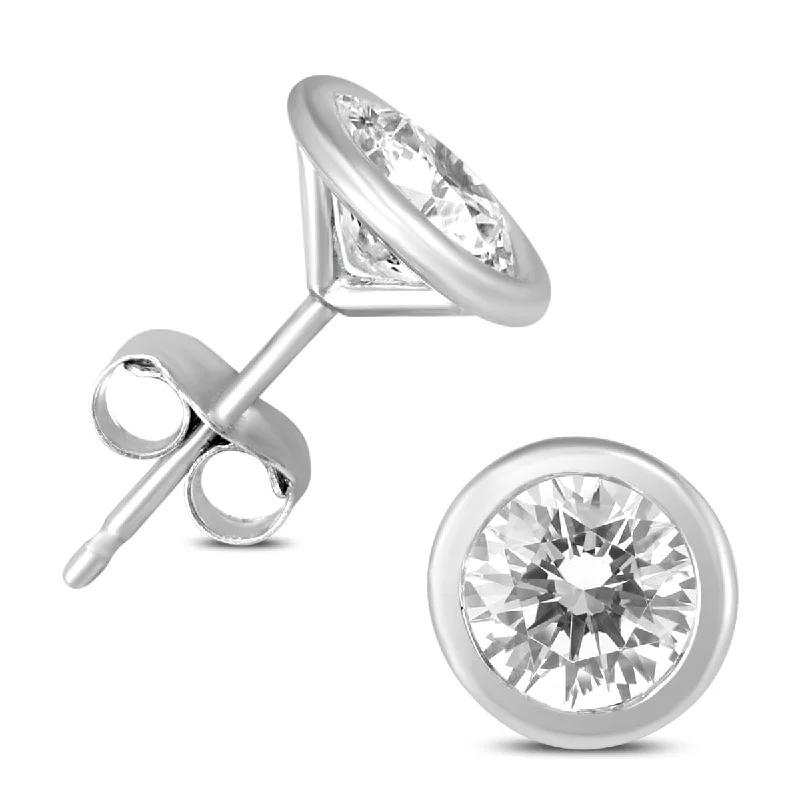 Marquee 1 1/2 Carat TW Certified Bezel Diamond Solitaire Stud Earrings in 14K White Gold