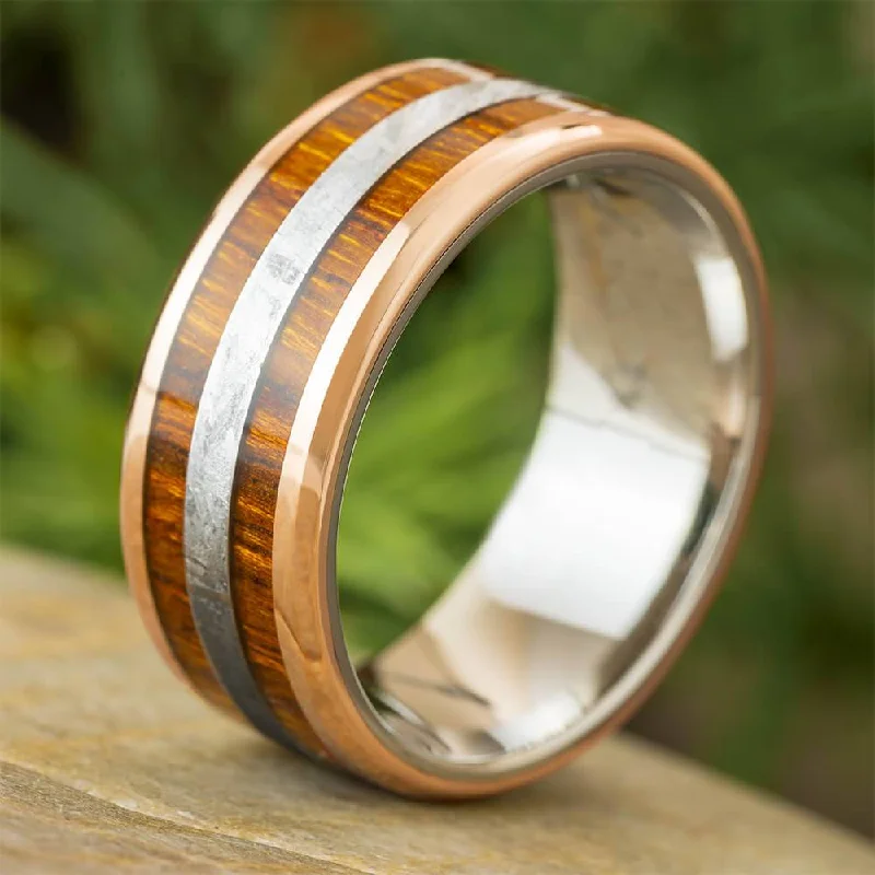 Meteorite Wedding Band with Ironwood and Rose Gold