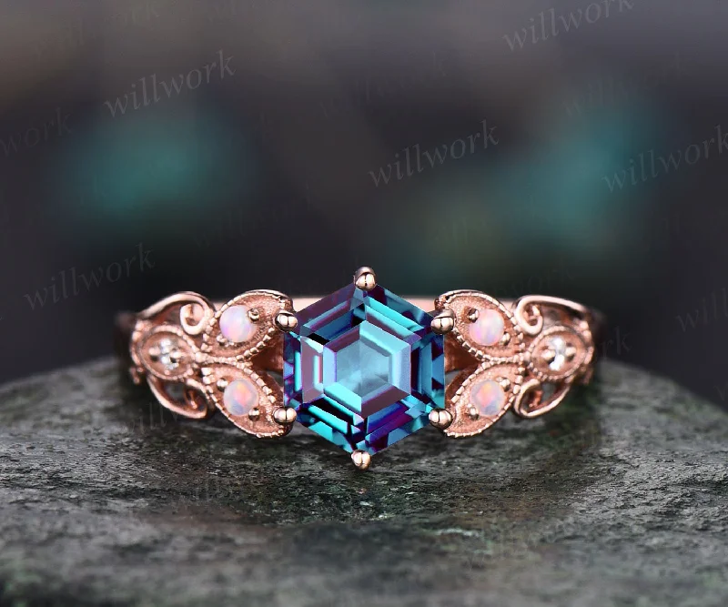 Vintage hexagon cut Alexandrite engagement ring butterfly flower unique rose gold engagement ring opal ring Milgrain diamond ring for women